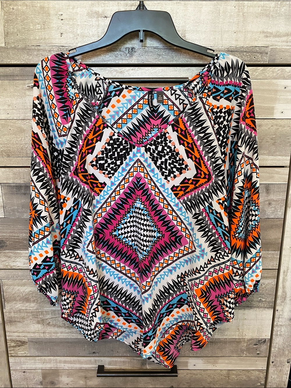 HeartSoul Geometric Aztec Print Blouse in Pink, Blue & Black